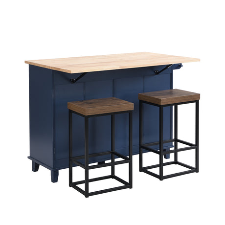 TOPMAX Farmhouse Kitchen Island Set with Drop Leaf and 2 Seatings,Dining Table Set with Storage Cabinet, Drawers and Towel Rack, Blue+Black+Brown - Home Elegance USA