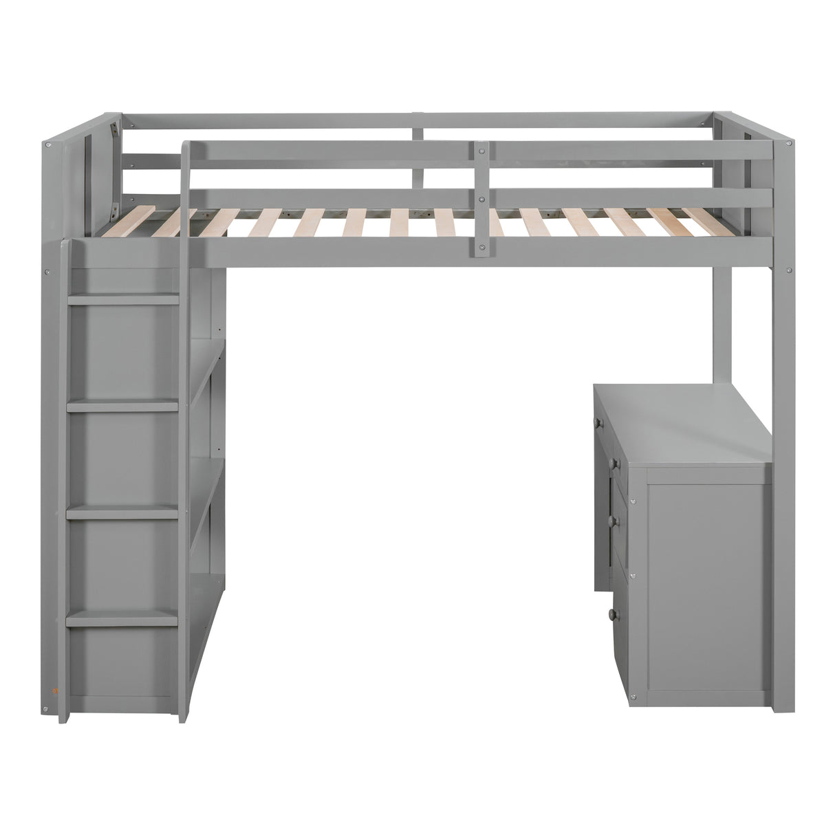 Twin Size Loft Bed with Ladder, Shelves, and Desk, Gray - Home Elegance USA