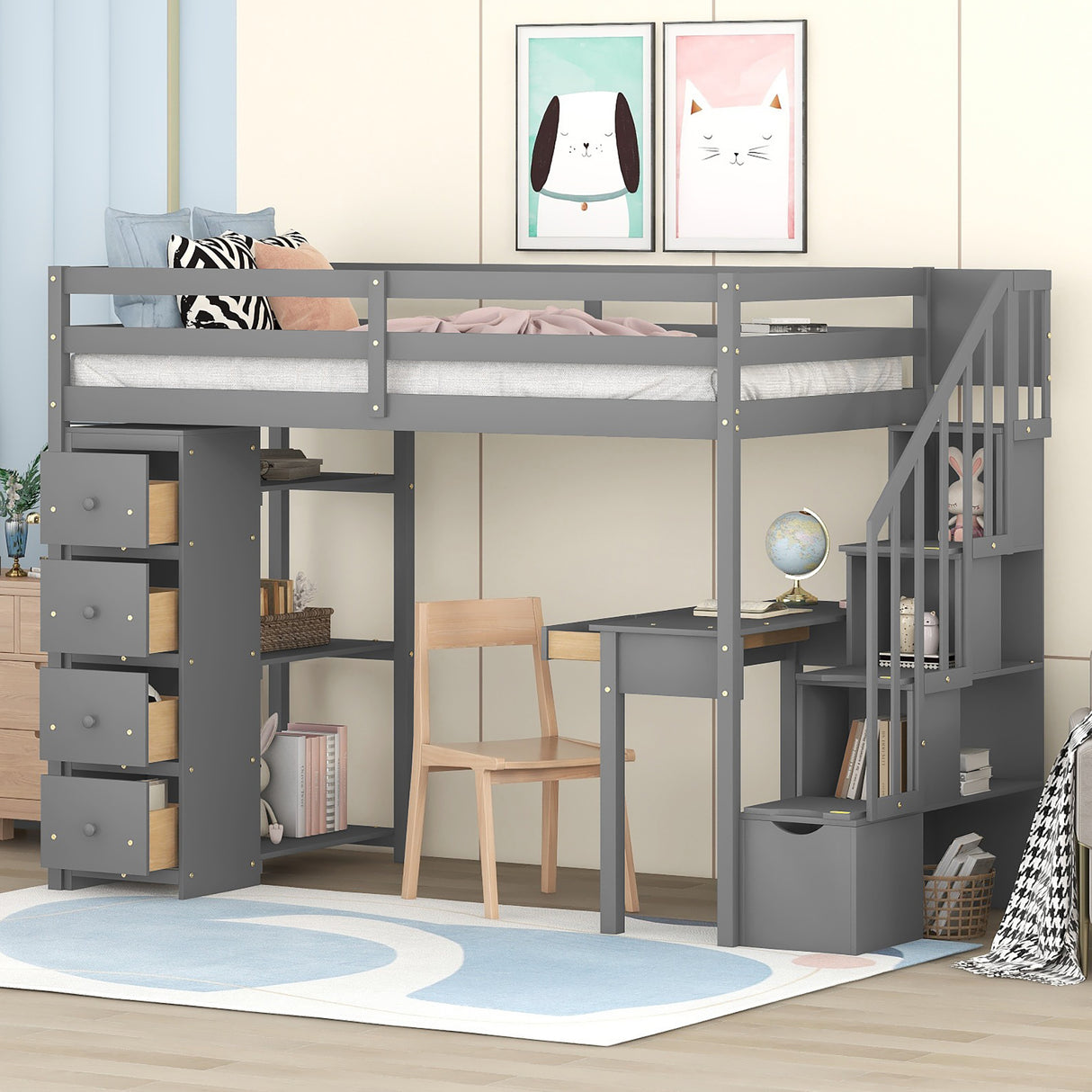 Twin size Loft Bed with Storage Drawers ,Desk and Stairs, Wooden Loft Bed with Shelves - Gray - Home Elegance USA