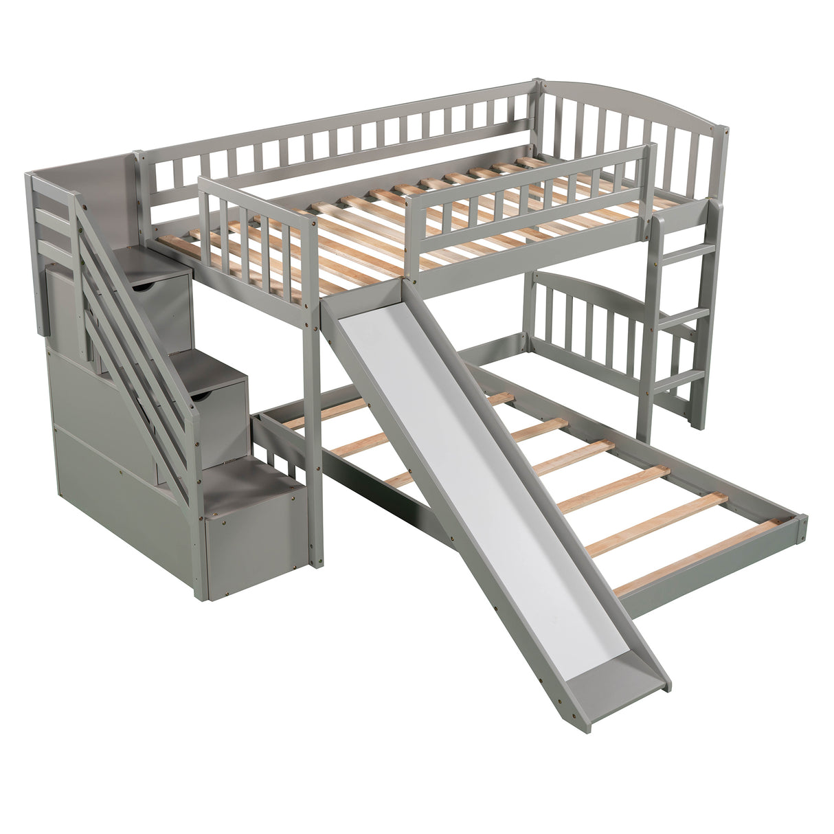 Stairway Twin over Twin Bunk Bed with Two Drawers and Slide, Gray(OLD SKU :LP000156AAE) - Home Elegance USA