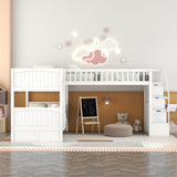 Twin over Twin Wooden L-Shaped Bunk Bed with Ladder and Stairway,White(OLD SKU:SM000303AAK-1) - Home Elegance USA