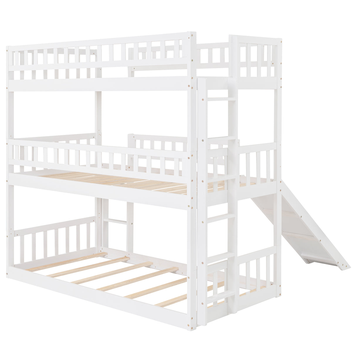 Twin-Over-Twin-Over-Twin Triple Bed with Built-in Ladder and Slide, Triple Bunk Bed with Guardrails, White(OLD SKU: LP000051AAK) - Home Elegance USA