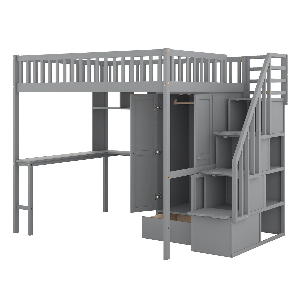 Full size Loft Bed with Bookshelf,Drawers,Desk,and Wardrobe-Gray - Home Elegance USA