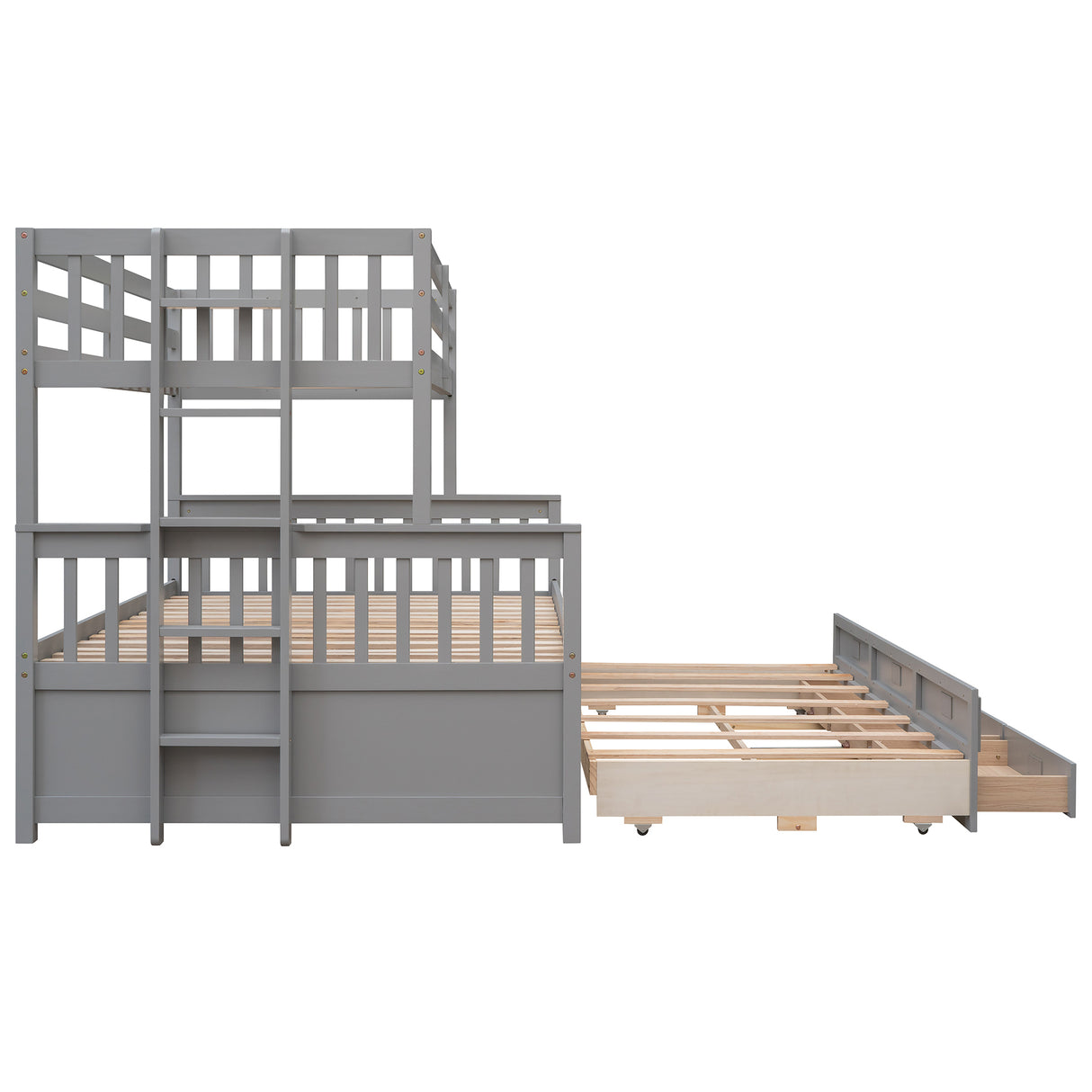 Twin-Over-Full Bunk Bed with Twin size Trundle , Separable Bunk Bed with Drawers for Bedroom - Gray - Home Elegance USA