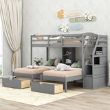 Twin over Twin&Twin Bunk Bed, Triple Bunk Bed with Drawers, Staircase with Storage, Built-in Shelves, Gray Home Elegance USA