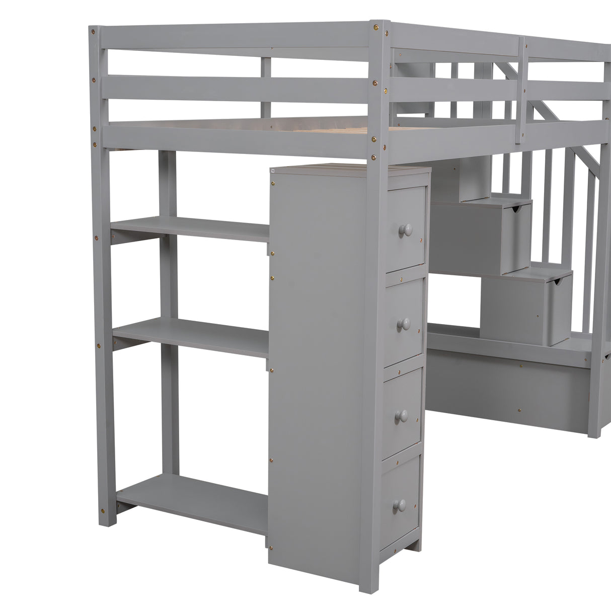 Twin size Loft Bed with Storage Drawers and Stairs, Wooden Loft Bed with Shelves - Gray - Home Elegance USA