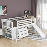 Low Loft Bed with Attached Bookcases and Separate 3-tier Drawers,Convertible Ladder and Slide,Twin,White - Home Elegance USA