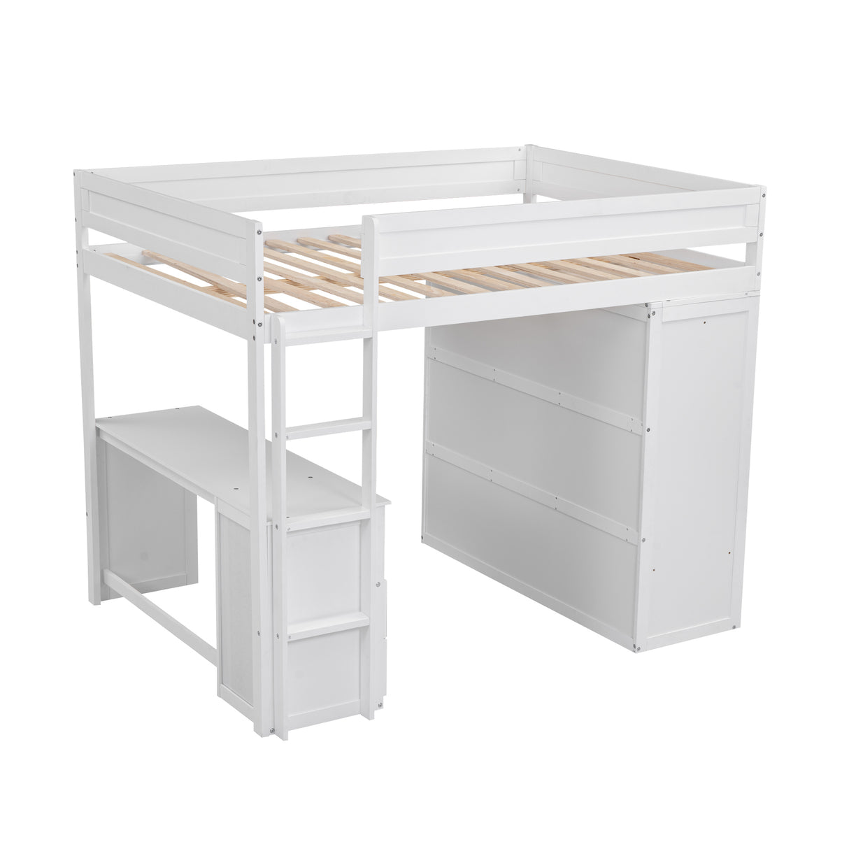 Wood Full Size Loft Bed with Wardrobes and 2-Drawer Desk with Cabinet, White - Home Elegance USA