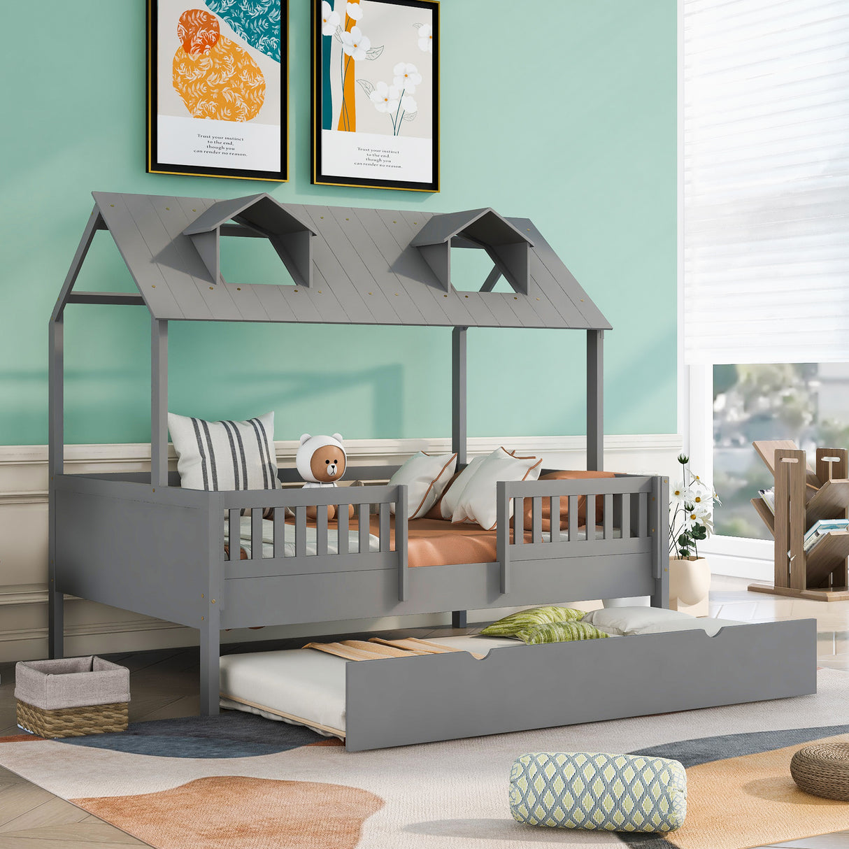 Full Size House Bed Wood Bed with Twin SizeTrundle ( Gray ) - Home Elegance USA