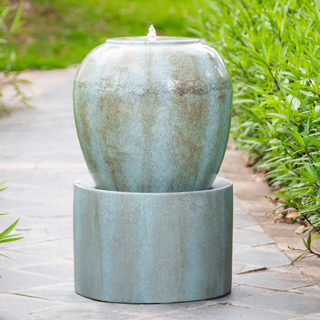 32"Tall Cement Urn Fountain Gray Green Tranquility Lawn Water Feature for Backyard or Garden