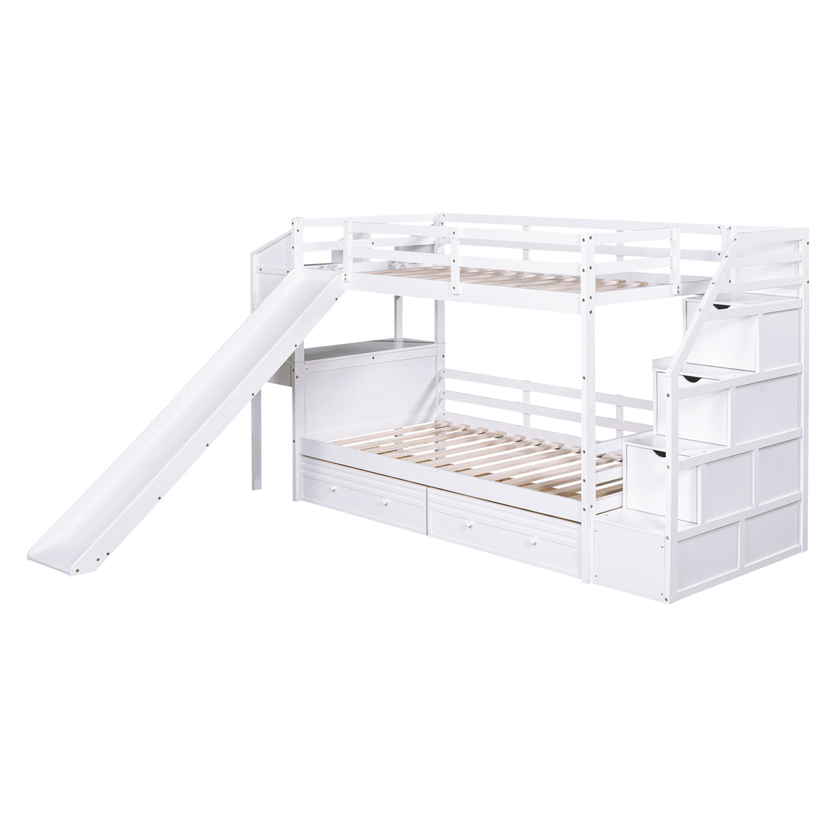 Twin over Twin Bunk Bed with Storage Staircase, Slide and Drawers, Desk with Drawers and Shelves, White - Home Elegance USA