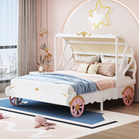 Full Size Princess Carriage Bed with Canopy, Wood Platform Car Bed with 3D Carving Pattern, White+Pink+Gold - Home Elegance USA