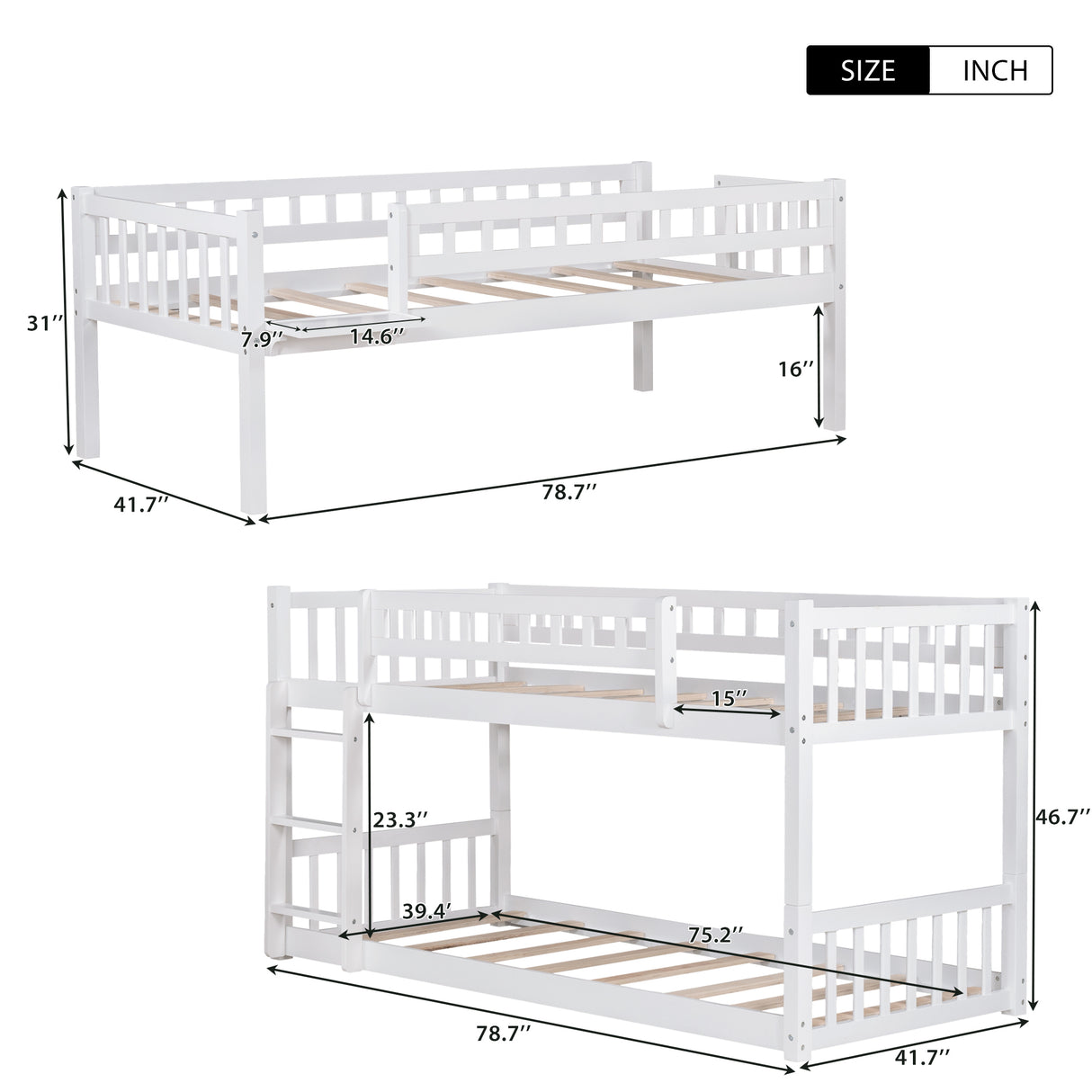 Twin-Over-Twin-Over-Twin Triple Bed with Built-in Ladder and Slide , Triple Bunk Bed with Guardrails, White - Home Elegance USA