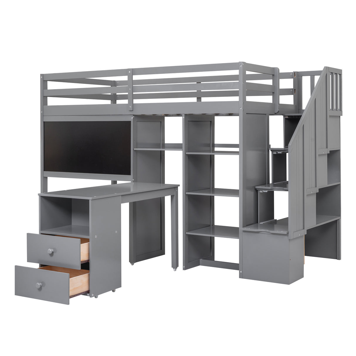 Twin Size Loft Bed with Pullable Desk and Storage Shelves,Staircase and Blackboard,Gray - Home Elegance USA