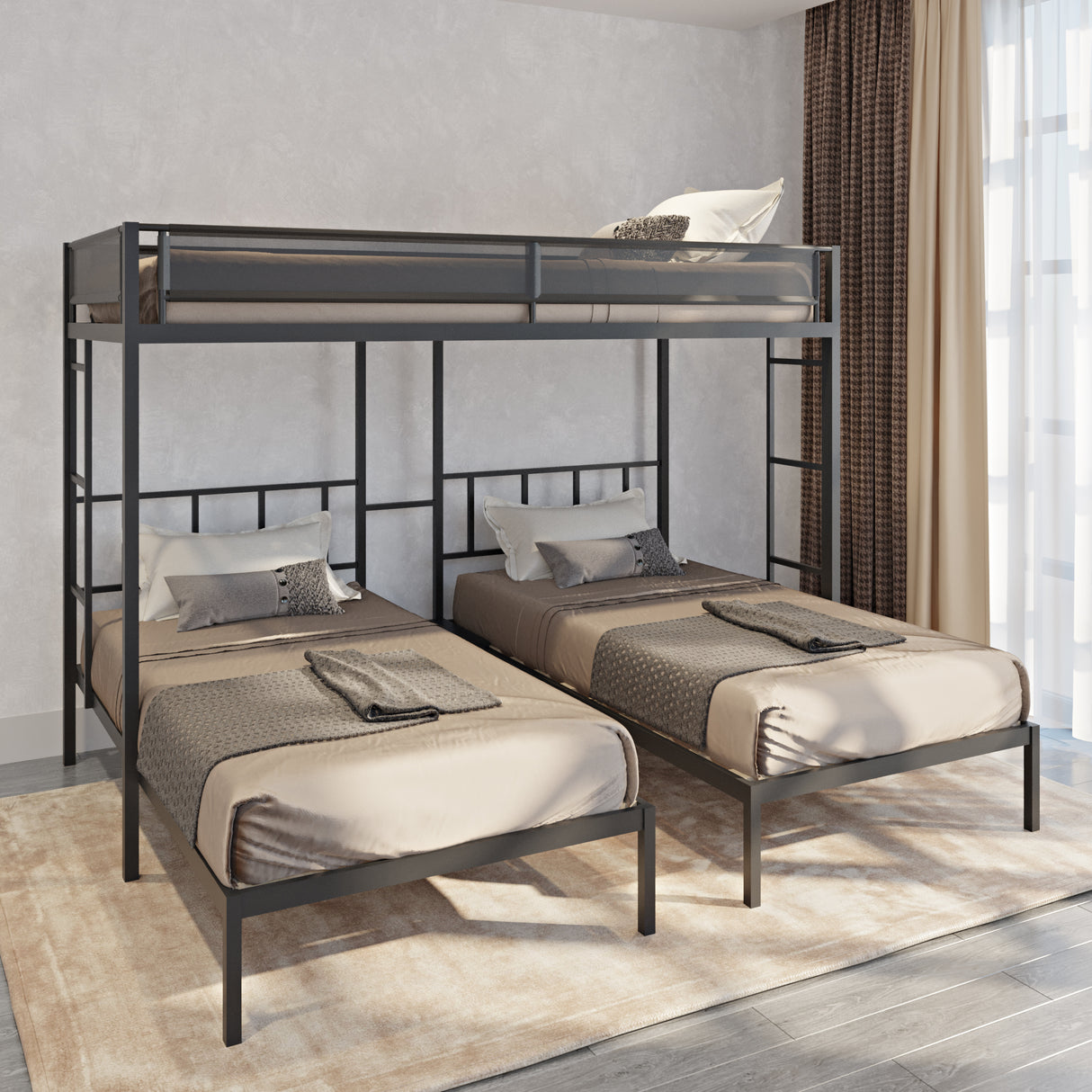 Triple twin bunk bed (Wood Slat and Textilene Guardrail) - Home Elegance USA