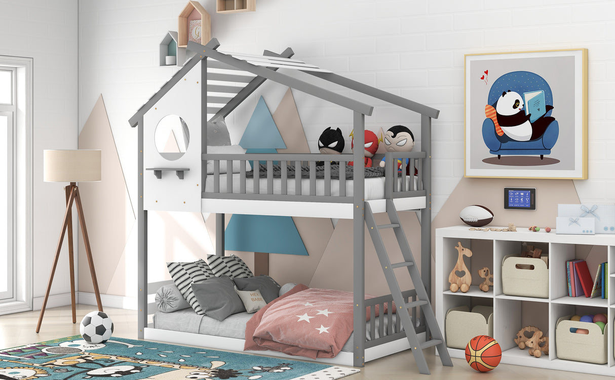 Twin Over Twin Bunk Bed Wood Bed with Roof, Window, Ladder ( Gray)(OLD SKU :LP000008AAE) - Home Elegance USA