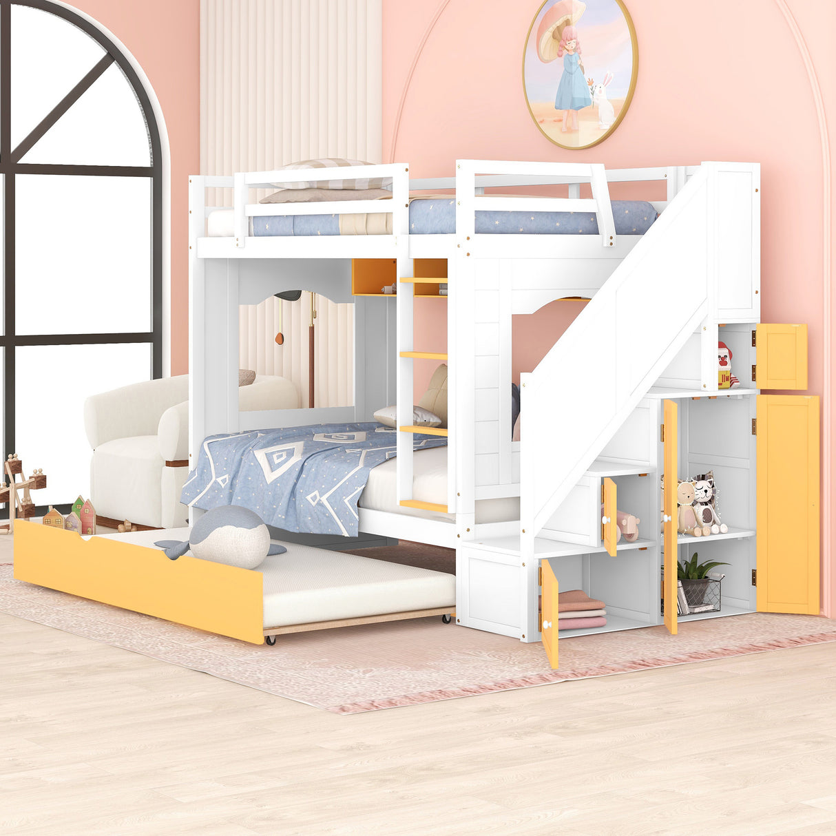 Twin Over Twin Bunk Bed with Trundle ,Stairs,Ladders Solid Wood Bunk bed with Storage Cabinet （White + Yellow） - Home Elegance USA