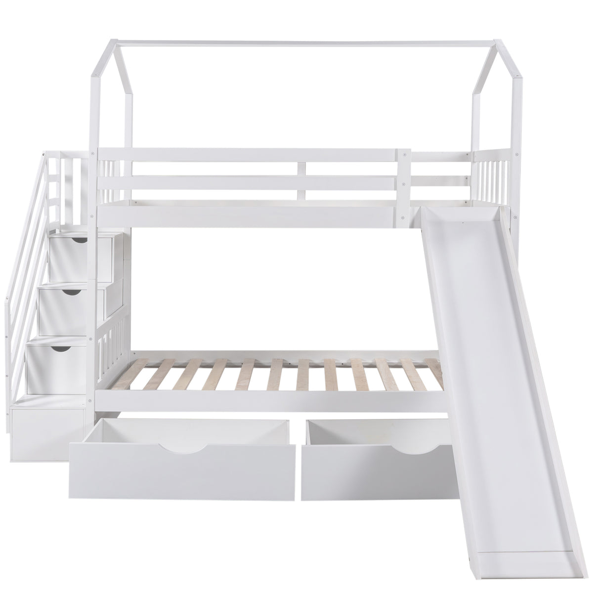 Twin over Twin House Bunk Bed with Two Drawers and Slide,Storage Staircase,White(OLD SKU:GX000906AAK) - Home Elegance USA