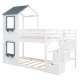 Twin Over Twin Bunk Bed with Storage Stairs,Wood Bed with Roof, Window, Guardrail, Ladder，White - Home Elegance USA