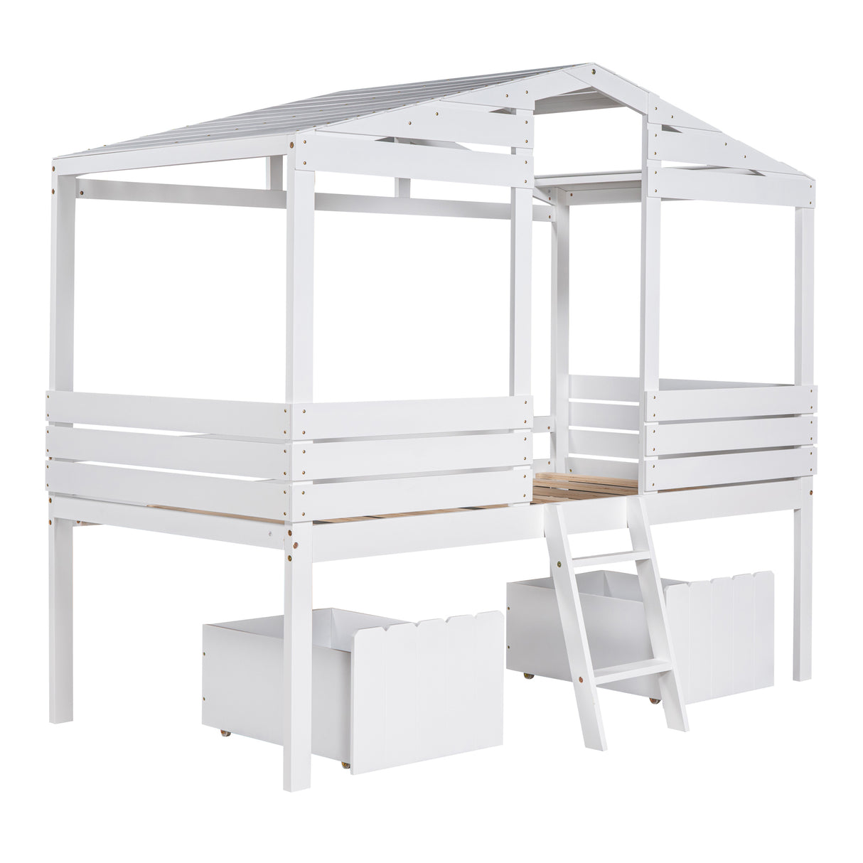 Twin Size Low Loft Wood House Bed with Two Drawers, White - Home Elegance USA