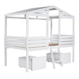 Twin Size Low Loft Wood House Bed with Two Drawers, White - Home Elegance USA