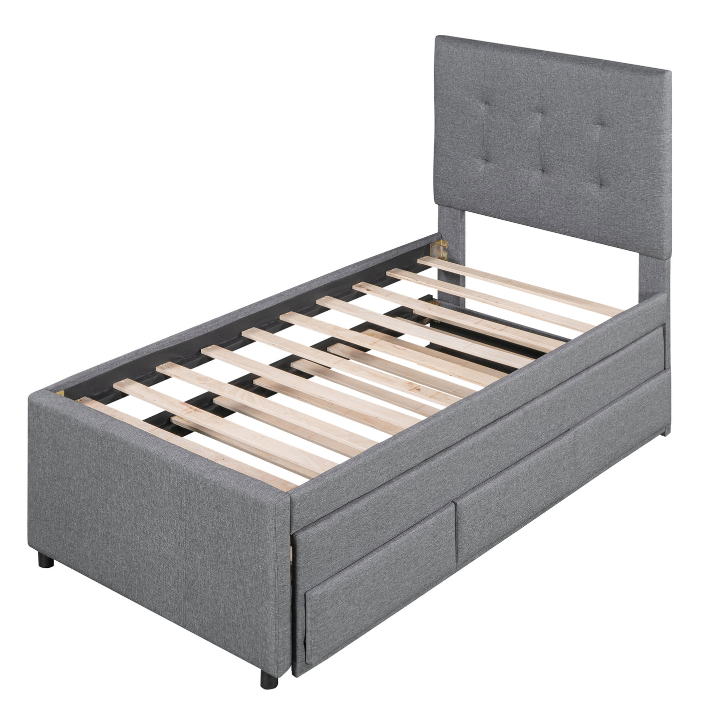 Twin Size Upholstered Platform Bed with Pull-out Twin Size Trundle and 3 Drawers, Gray - Home Elegance USA