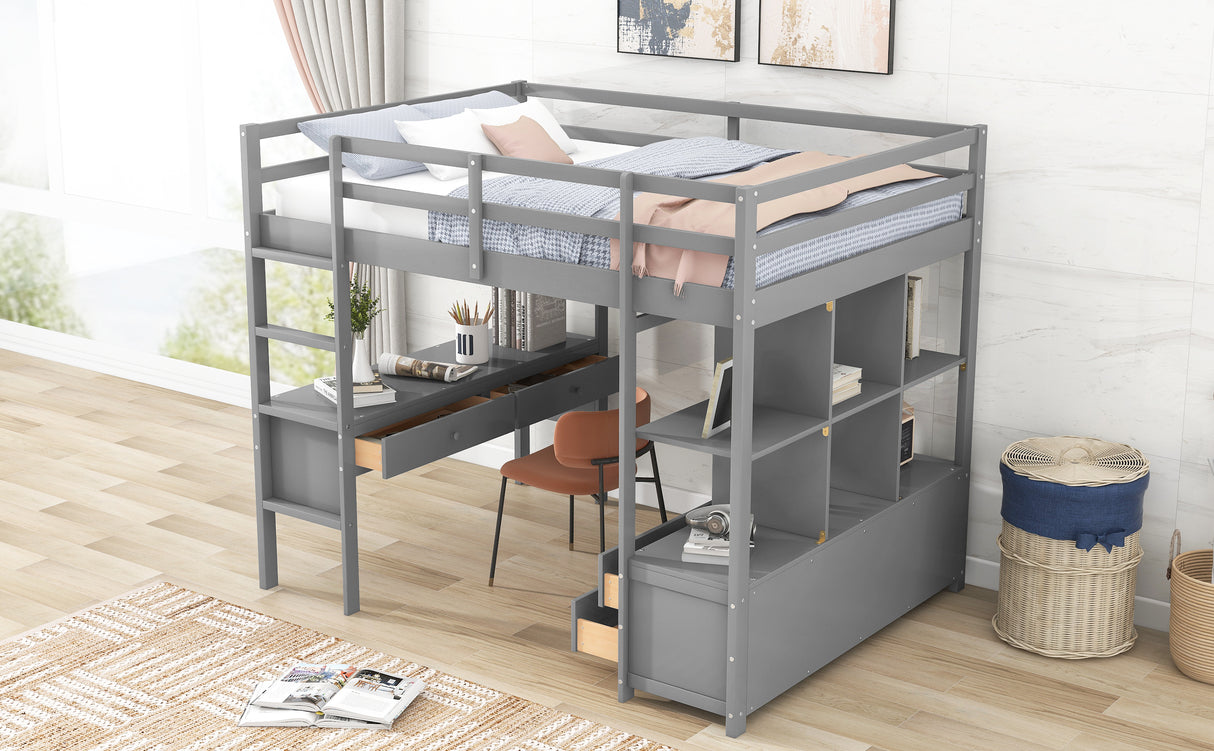 Full Size Loft Bed with Built-in Desk with Two Drawers, and Storage Shelves and Drawers,Gray - Home Elegance USA