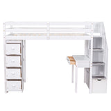 Twin size Loft Bed with Storage Drawers ,Desk and Stairs, Wooden Loft Bed with Shelves - White - Home Elegance USA