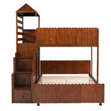 Stairway Twin Over Full Bunk Bed, House Bed with Two Shelves and Seven Drawers,Walnut - Home Elegance USA