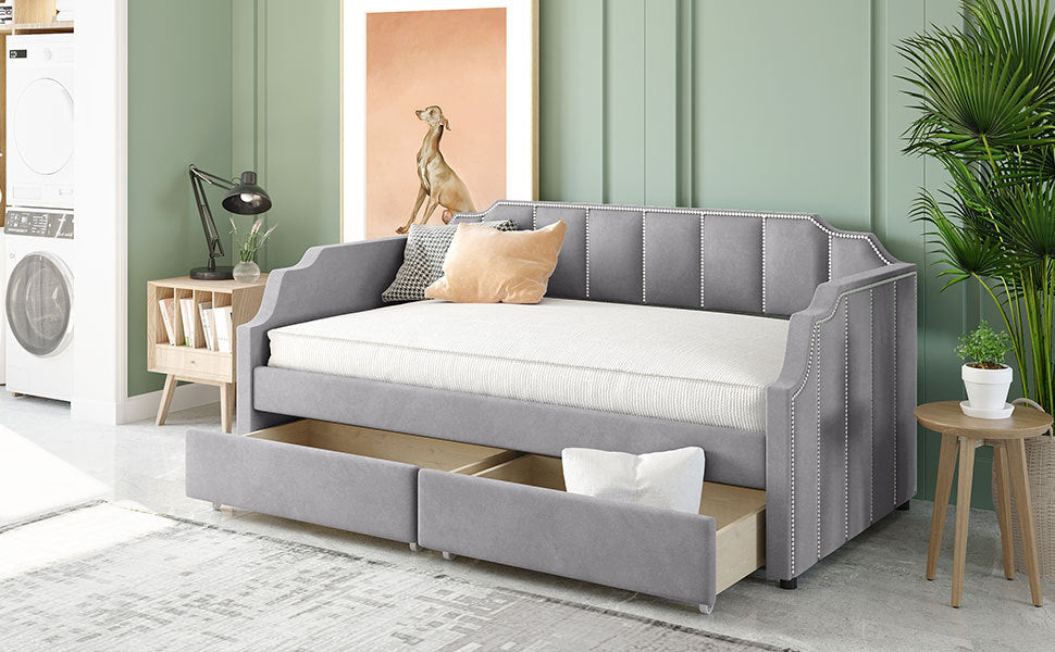 Twin Size Upholstered daybed with Drawers, Wood Slat Support, Gray Home Elegance USA