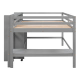 Full Size Low Loft Bed with Rolling Portable Desk, Drawers and Shelves,  Gray - Home Elegance USA