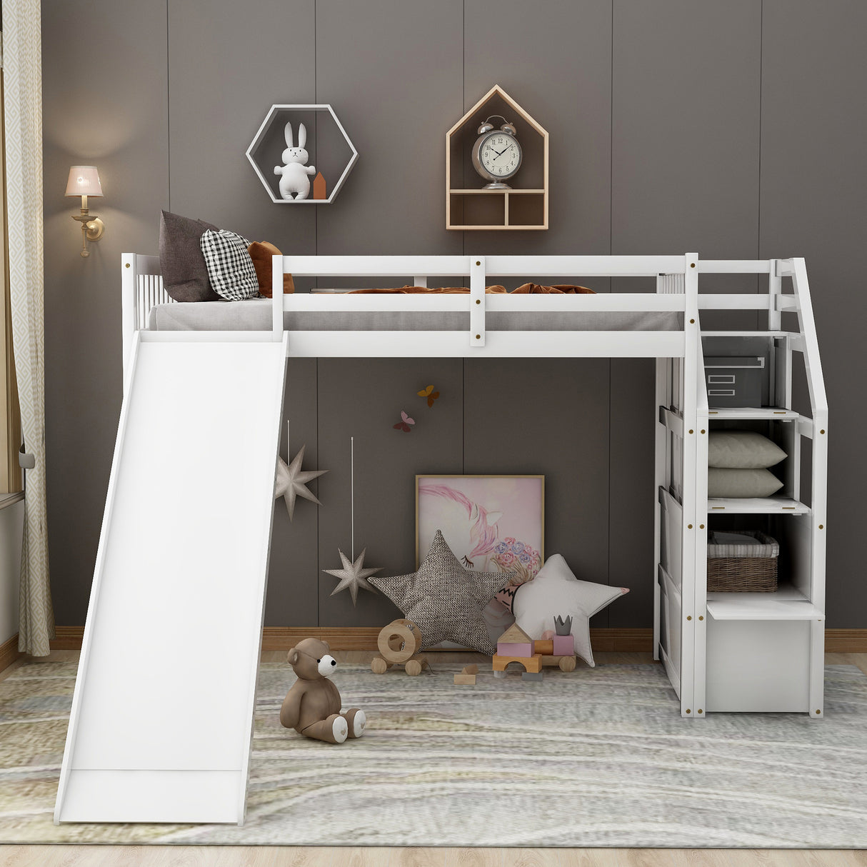 Twin Size Loft Bed with Storage and Slide, White - Home Elegance USA