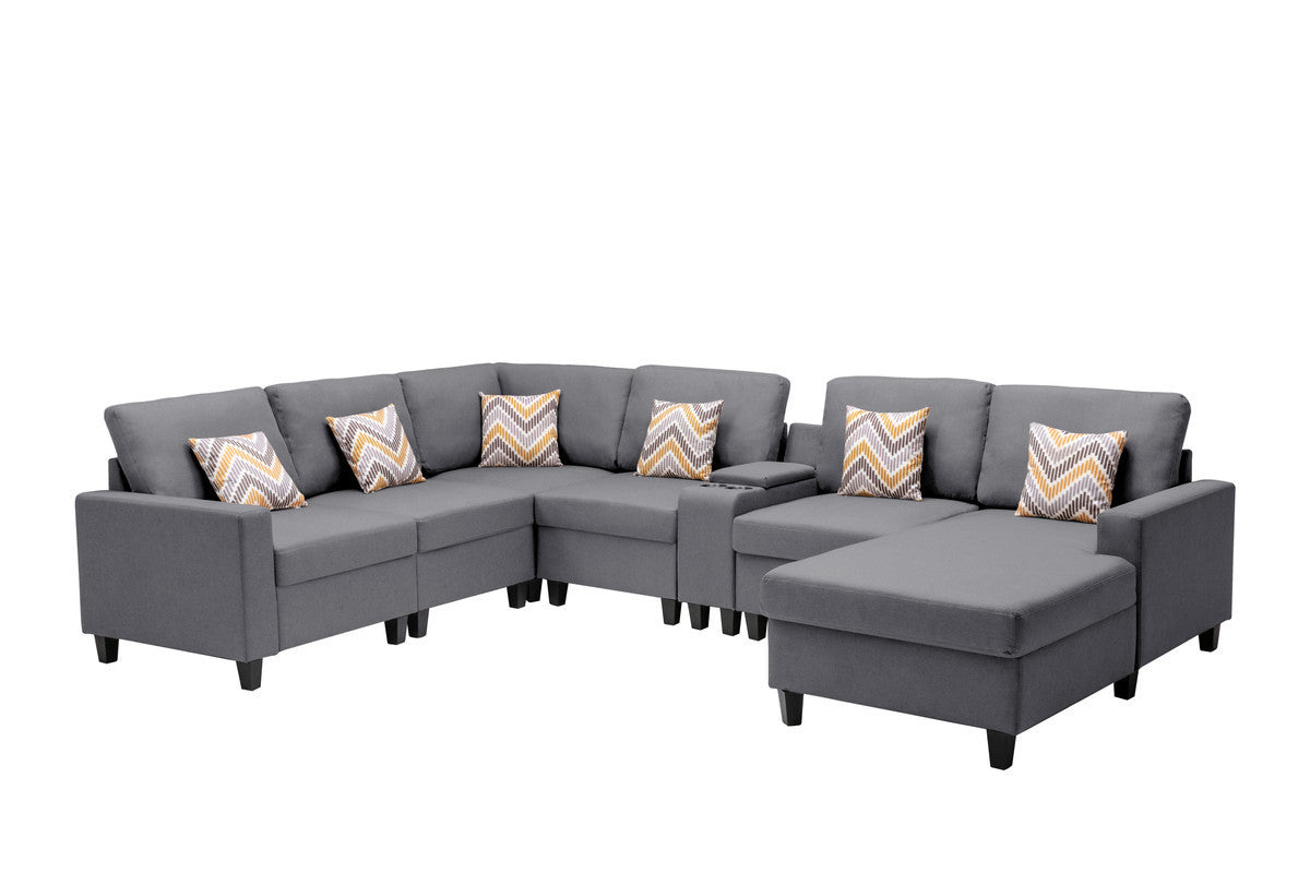 Nolan Gray Linen Fabric 7Pc Reversible Chaise Sectional Sofa with a USB, Charging Ports, Cupholders, Storage Console Table and Pillows and Interchangeable Legs - Home Elegance USA