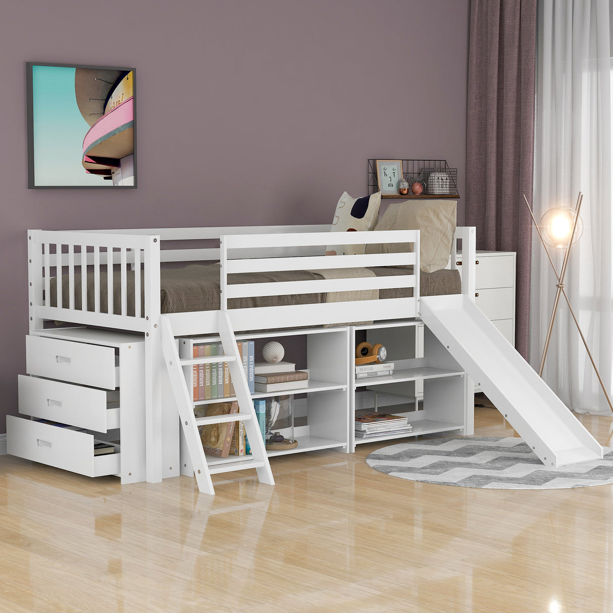 Low Loft Bed with Attached Bookcases and Separate 3-tier Drawers,Convertible Ladder and Slide,Twin,White - Home Elegance USA