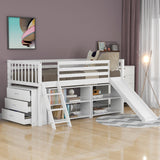 Low Loft Bed with Attached Bookcases and Separate 3-tier Drawers,Convertible Ladder and Slide,Twin,White - Home Elegance USA