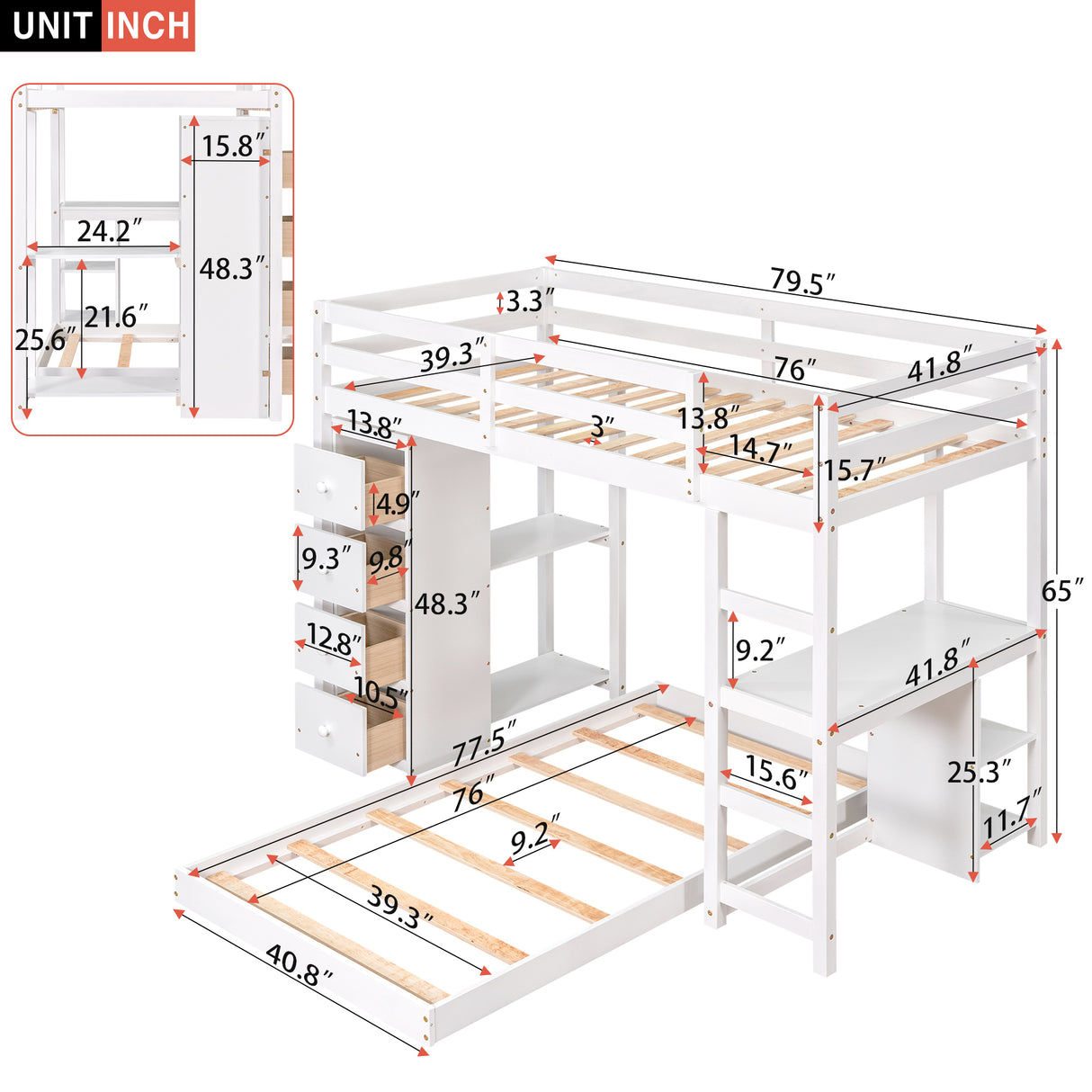 Twin over Twin Bed with Drawers and Shelves,White - Home Elegance USA