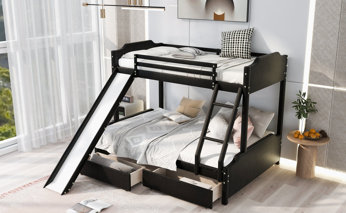 Twin over Full Size Upholstery Bunk Bed with Two Drawers and Slide,Convertible Slide and Ladder, Headboard and Footboard,Black - Home Elegance USA