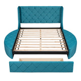 Upholstered Platform Bed Queen Size Storage Velvet Bed with Wingback Headboard and 1 Big Drawer,2 Side Storage Stool(Blue) - Home Elegance USA