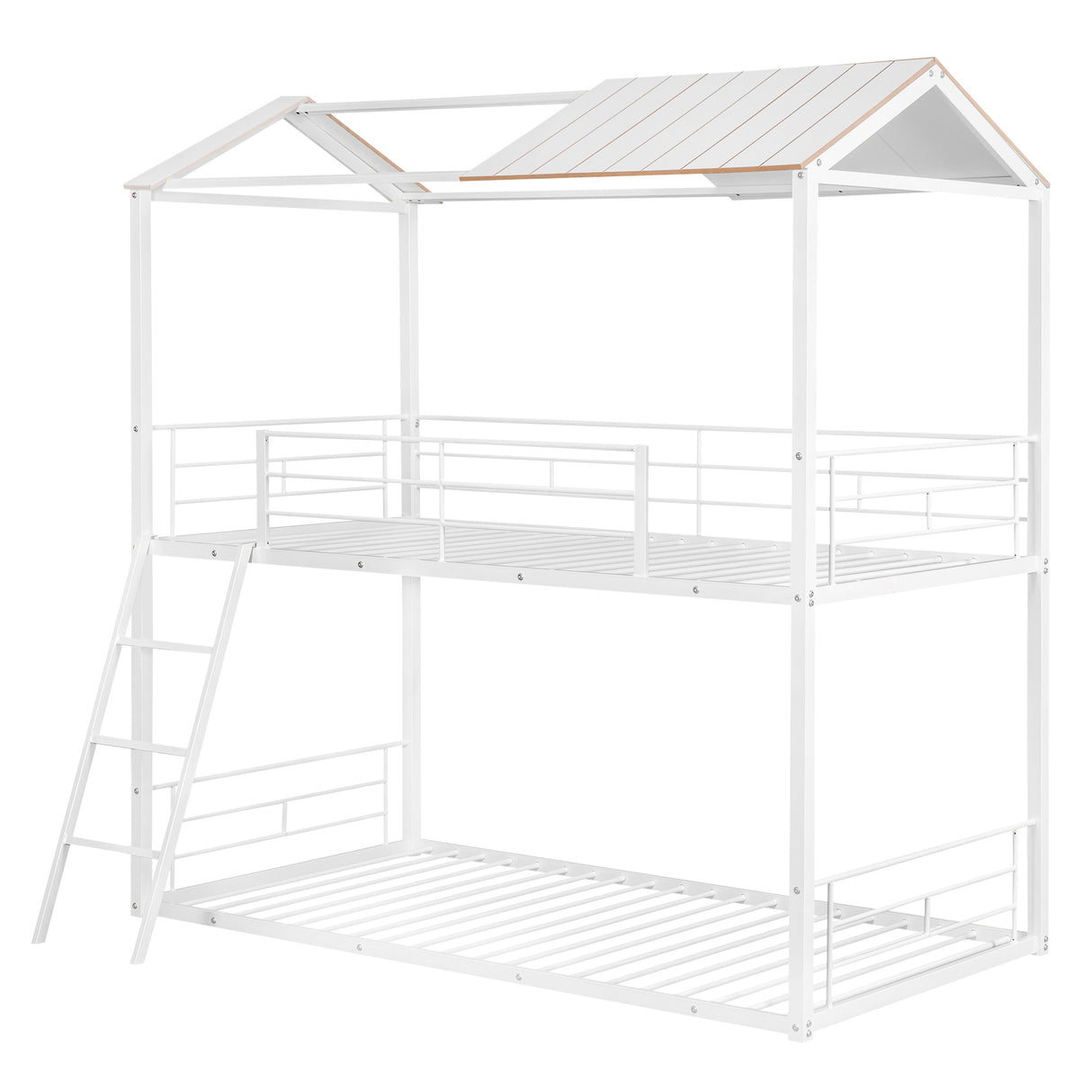 Twin Over Twin Bunk Bed Metal Bed with Half Roof, Guardrail and Ladder White - Home Elegance USA