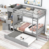 Twin Size Bunk Bed with Trundle and Attached Multifunctional Locker,Gray - Home Elegance USA