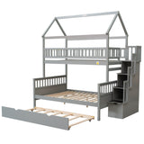 Twin over Full Size House Bunk Bed with Storage Staircase and Trundle,Full-Length Guardrail,Gray - Home Elegance USA