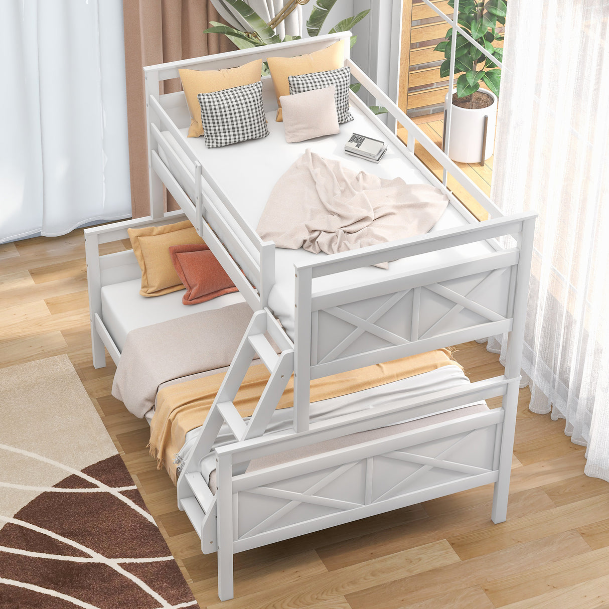 Twin over Full Bunk Bed with ladder, Safety Guardrail, Perfect for Bedroom, White - Home Elegance USA