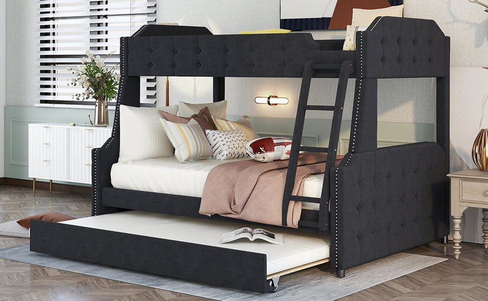 Twin over Full Upholstered Bunk Bed with Trundle and Ladder,Tufted Button Design,Black - Home Elegance USA