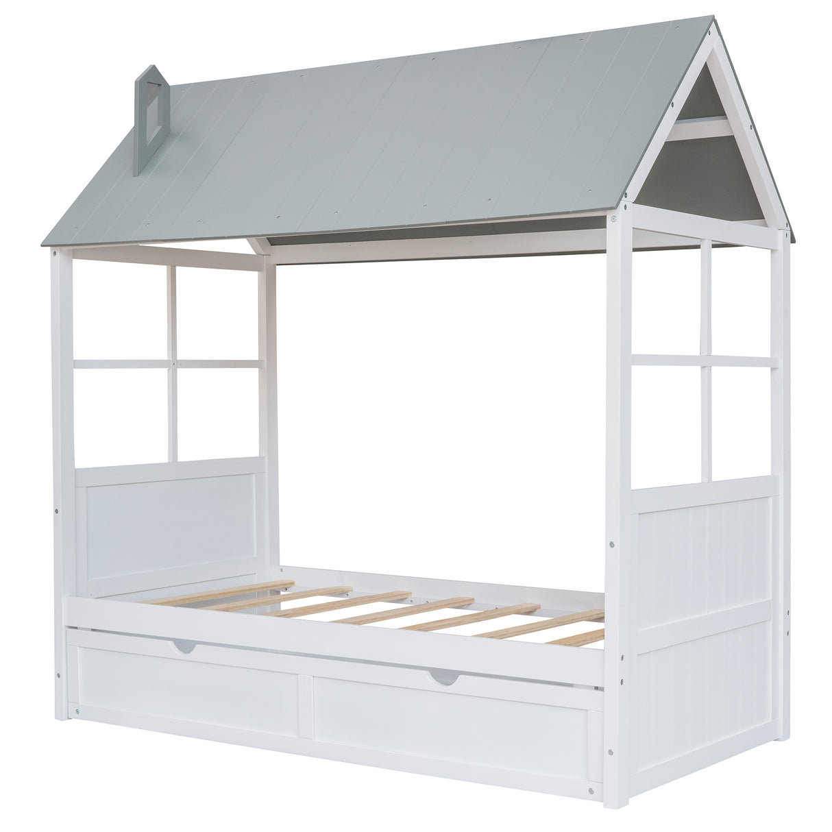 Twin Size Wood House Bed With Twin Size Trundle, Wooden Daybed, White+Gray