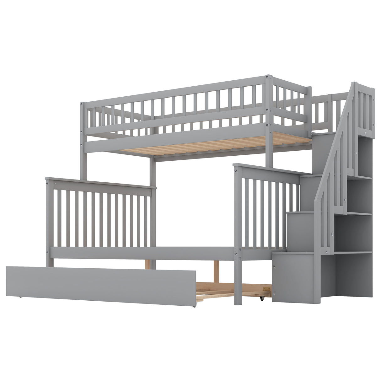 Twin over Full Bunk Bed with Trundle and Staircase,Gray - Home Elegance USA