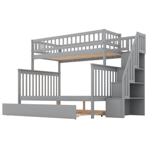 Twin over Full Bunk Bed with Trundle and Staircase,Gray - Home Elegance USA