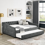 Full Size Daybed with Twin Size Trundle Upholstered Tufted Sofa Bed, with Button on Back and Copper Nail on Waved Shape Arms,Grey (80.5"x55.5"x27.5") Home Elegance USA