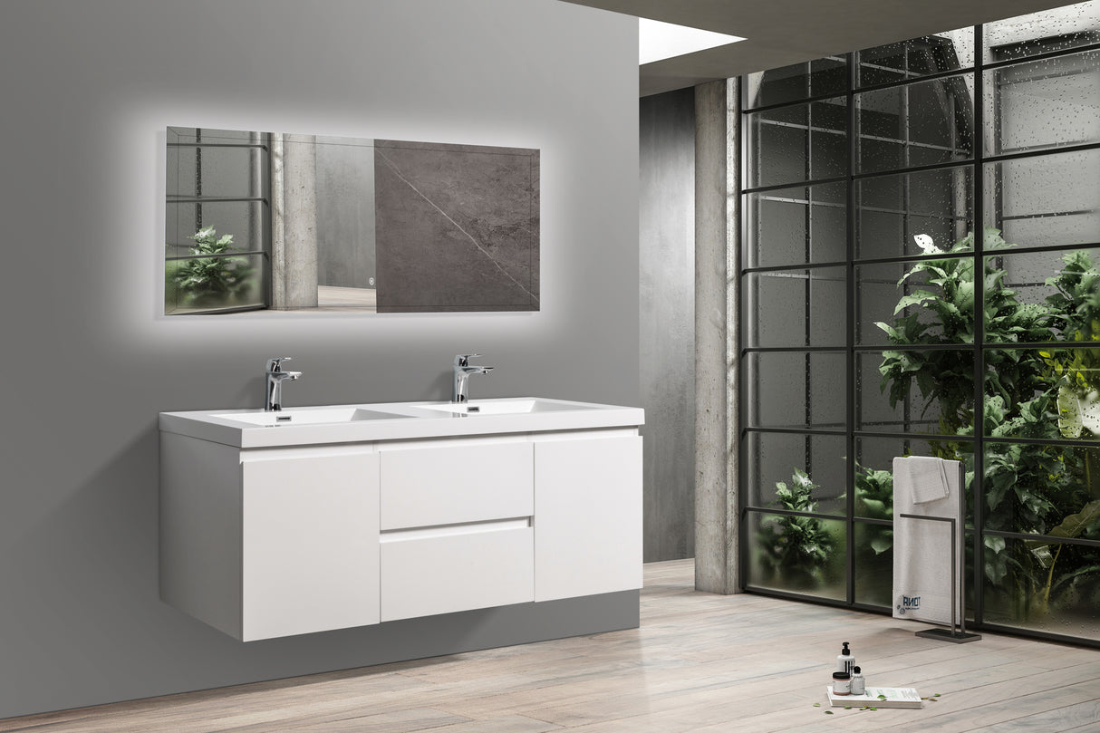 59'' Wall Mounted Double Bathroom Vanity in Gloss White With White Solid Surface Vanity Top
