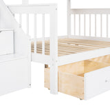 Twin over Full L-Shaped Bunk Bed With 3 Drawers, Ladder and Staircase - White - Home Elegance USA