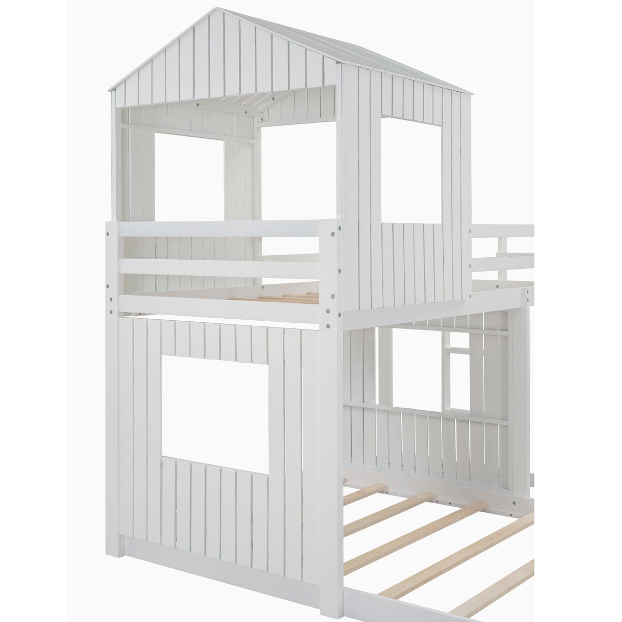 Wooden Twin Over Full Bunk Bed, Loft Bed with Playhouse, Farmhouse, Ladder and Guardrails, White( old sku: LT000027AAK ) - Home Elegance USA